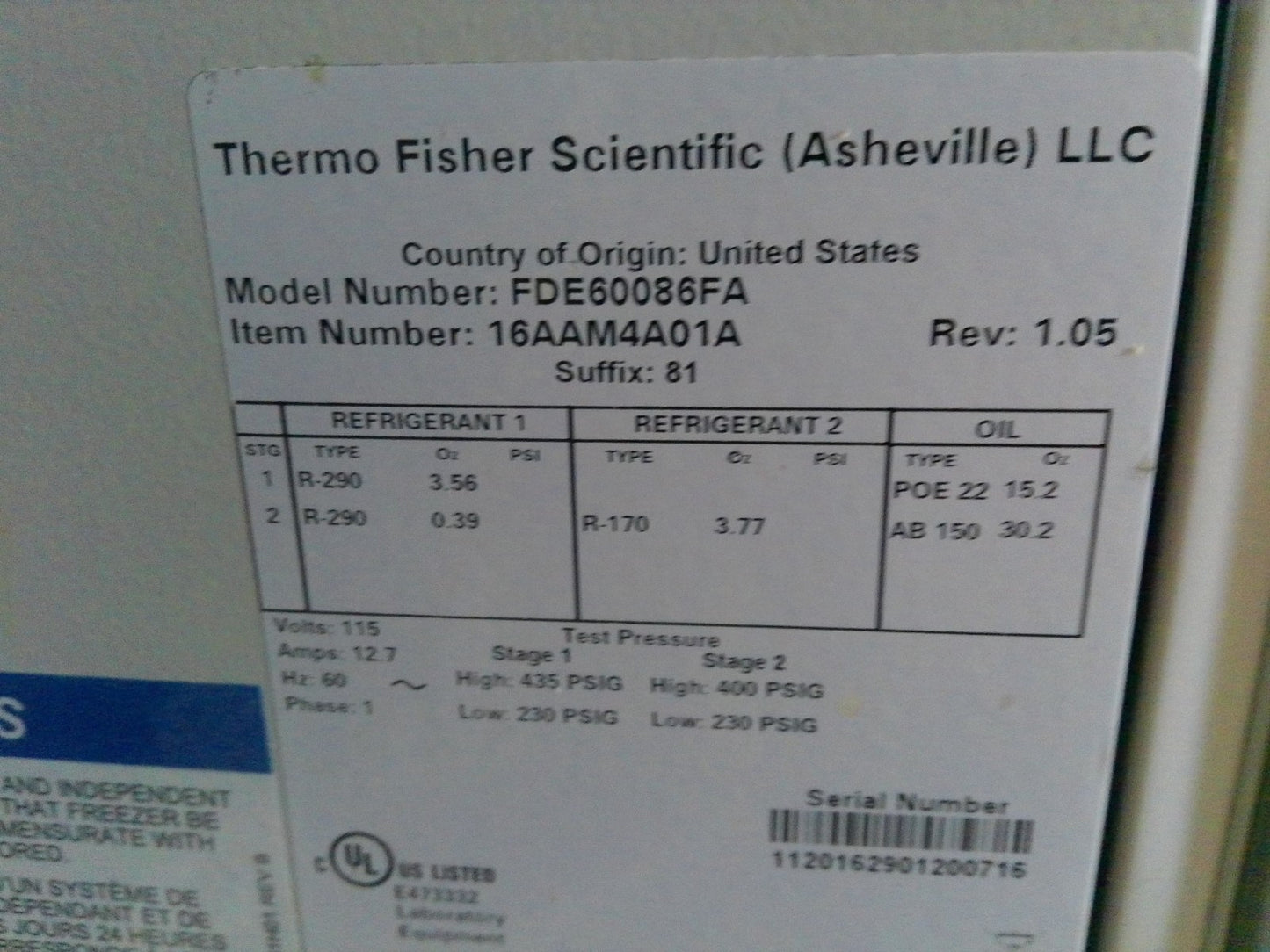 Thermo Scientific FDE60086FA -86C Ultra Low Freezer 28.8Cf (2020) FULLY TESTED
