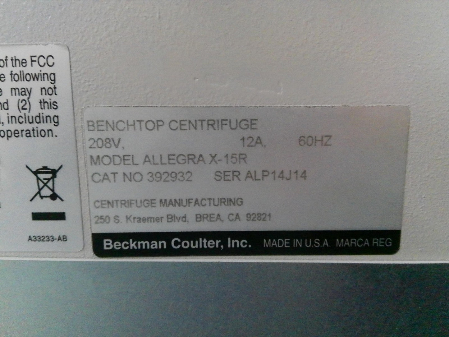 Beckman Allegra X-15R Refrigerated Benchtop Centrifuge w/Rotor, Buckets, Inserts