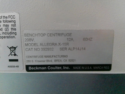 Beckman Allegra X-15R Refrigerated Benchtop Centrifuge w/Rotor, Buckets, Inserts