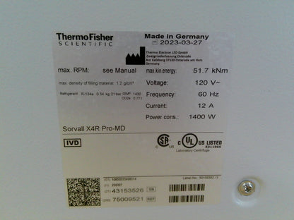 Thermo Scientific 2023 Sorvall X4R Pro-MD Refrigerated Centrifuge, Rotor TX-1000