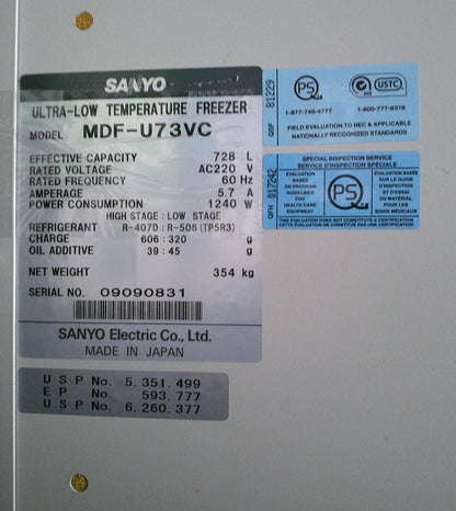 Sanyo MDF-U73VC VIP Series -86ºC Ultra Low Freezer 26Cf 220v -80 FULLY TESTED