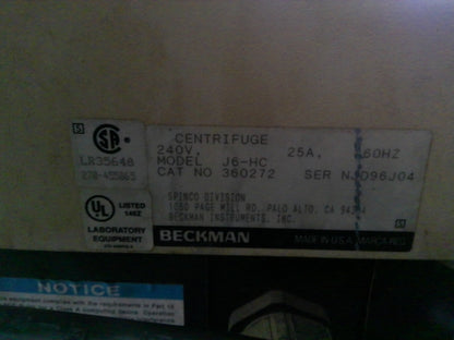 Beckman J6-HC Refrigerated Floor Centrifuge w/ JS-4.2 Rotor & Buckets 240v