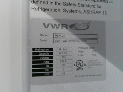 VWR MFV-20/ -20C Laboratory Freezer 20Cf 120v FULLY TESTED