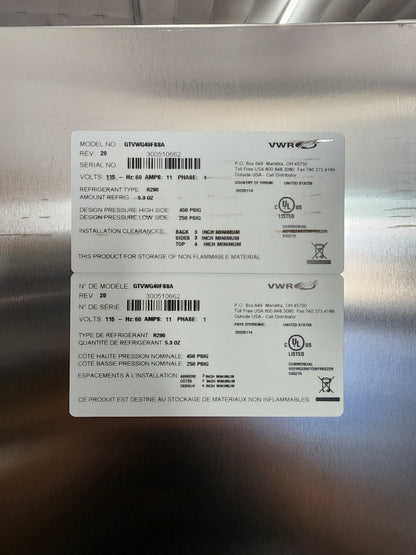 VWR Double Door Reach-In Stainless -20 C Commercial Freezer 49cf, FULLY TESTED