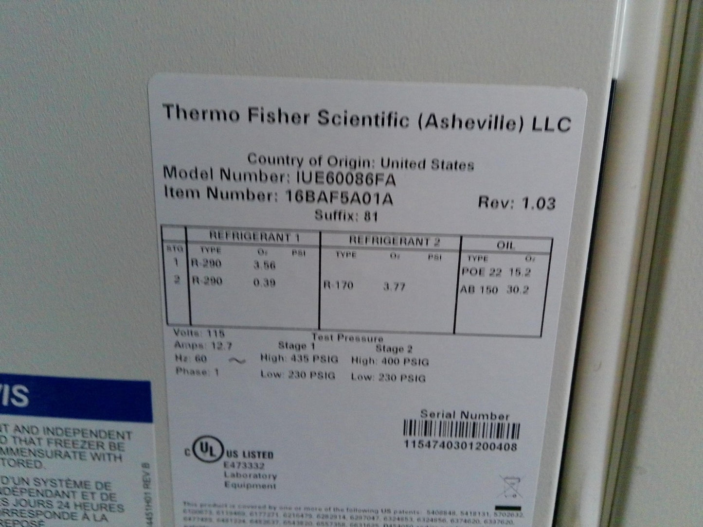 Fisherbrand Isotemp IUE0086FA -86C Ultra Low Freezer 28.8Cf (2011) FULLY TESTED