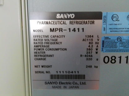 Sanyo MPR-1411 Two Door/Double Door Pharmaceutical +4C Refrigerator 48.2Cf