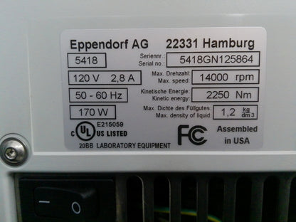Eppendorf 5418 Benchtop Microcentrifuge w/ FA-45-18-11 Fixed-Angle Rotor TESTED
