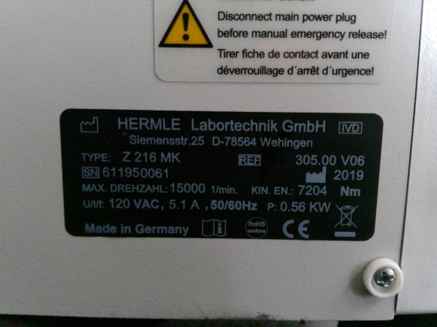 Hermle Labnet Z216 MK Refrigerated Centrifuge - No Rotor