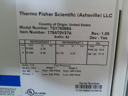 Thermo Scientific TSX70086A -86C Ultra Low Freezer 33.5Cf (2021) FULLY TESTED