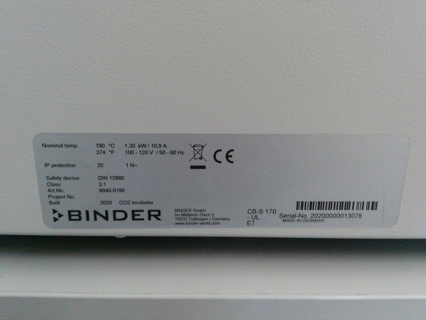Binder CO2 Double Stack Incubator CB-S 170 With Hot Air Sterilization & Casters