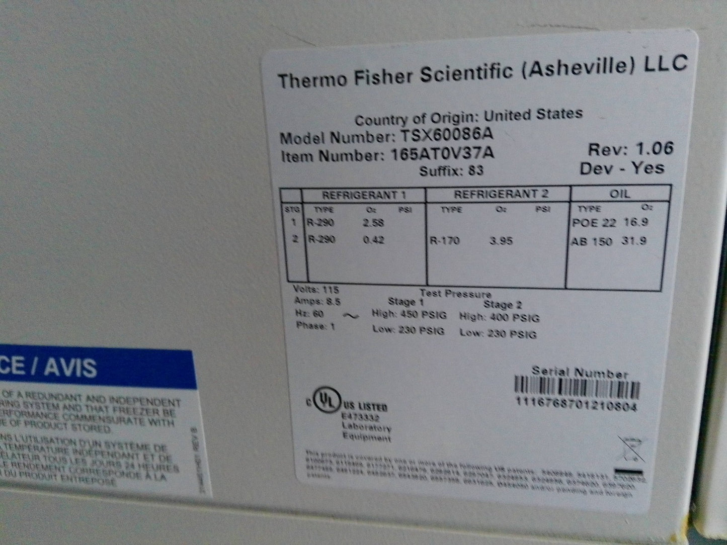Thermo Scientific TSX60086A -86C Ultra Low Freezer 28.8 Cf (2021) FULLY TESTED